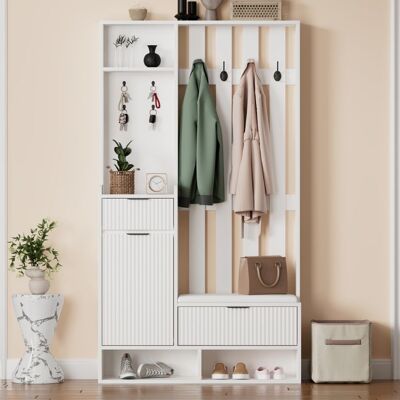 MERAX Vestiaire Meuble d’entrée 6-en-1 Blanc avec Porte-manteau 8 Crochets Banc à Chaussures Tiroirs et Armoire 100x30x180 cm Blanc - Publicité MERAX Vestiaire Meuble d’entrée 6-en-1 Blanc avec Porte-manteau 8 Crochets Banc à Chaussures Tiroirs et Armoire 100x30x180 cm Blanc - Publicité