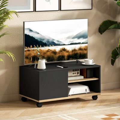 Generic Meuble TV sur roulettes avec 2 Freins - 2 niches + Placard Porte 2 Passe-Fil - en bois Noir chêne Clair Noir - Publicité Generic Meuble TV sur roulettes avec 2 Freins - 2 niches + Placard Porte 2 Passe-Fil - en bois Noir chêne Clair Noir - Publicité
