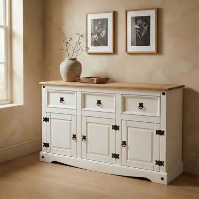 CARO-MÖBEL Buffet salle à manger CAMPO en bois massif L 125 cm avec 3 portes battantes et 3 tiroirs spacieux blanc et brun Blanc - Publicité CARO-MÖBEL Buffet salle à manger CAMPO en bois massif L 125 cm avec 3 portes battantes et 3 tiroirs spacieux blanc et brun Blanc - Publicité