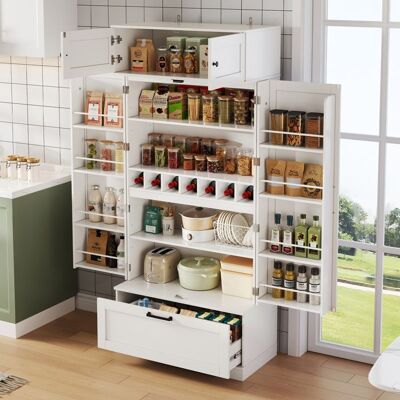 MERAX Armoire de Rangement Alimentaire Buffet de Cuisine Garde-Manger de Cuisine Blanc avec Tiroir Étagères Réglables et Porte-Bouteilles Blanc - Publicité MERAX Armoire de Rangement Alimentaire Buffet de Cuisine Garde-Manger de Cuisine Blanc avec Tiroir Étagères Réglables et Porte-Bouteilles Blanc - Publicité