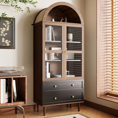 Buffet haut - DREAMMESPACE - Noyer - 70x38x165cm - Verre courbé - Étagères réglables Marron - Publicité Buffet haut - DREAMMESPACE - Noyer - 70x38x165cm - Verre courbé - Étagères réglables Marron - Publicité