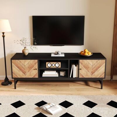 Lemonbest Meuble TV avec portes aspect bois et corps noir structure en métal avec traverse et étagères ouvertes 150 X 38 X 55 cm Noir - Publicité Lemonbest Meuble TV avec portes aspect bois et corps noir structure en métal avec traverse et étagères ouvertes 150 X 38 X 55 cm Noir - Publicité