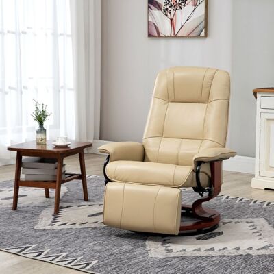 Generic Fauteuil relax inclinable repose-pieds réglable pivotant 360° piètement bois revêtement synthétique crème Beige - Publicité Generic Fauteuil relax inclinable repose-pieds réglable pivotant 360° piètement bois revêtement synthétique crème Beige - Publicité