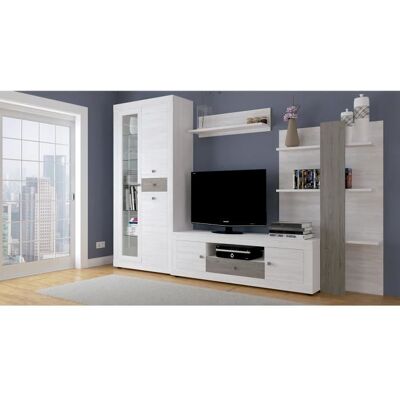PEGANE Ensemble de salon meuble TV +1 étagère murale + armoire avec LED + bibliothèque coloris pin andersen pin gris Gris - Publicité PEGANE Ensemble de salon meuble TV +1 étagère murale + armoire avec LED + bibliothèque coloris pin andersen pin gris Gris - Publicité