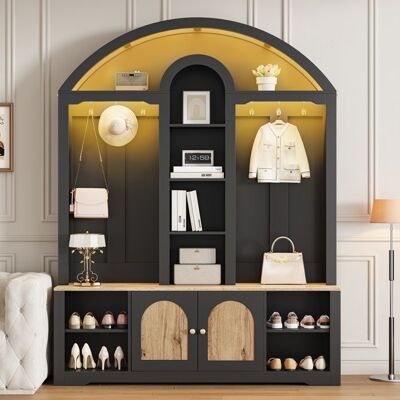 MERAX Vestiaire D’Entrée 150×40×195 cm Avec Armoire Portemanteau Étagères Banc à Chaussures Miroir Design Courbé MDF Noir & Bois Noir - Publicité MERAX Vestiaire D’Entrée 150×40×195 cm Avec Armoire Portemanteau Étagères Banc à Chaussures Miroir Design Courbé MDF Noir & Bois Noir - Publicité