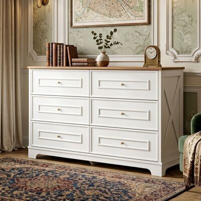 AMBIANCE - Buffet Commode 6 Tiroirs 120cm Blanc et Bois - Motif Grange Rétro & Poignées Or - Grand Rangement Écologique et Sécurisé Blanc - Publicité AMBIANCE - Buffet Commode 6 Tiroirs 120cm Blanc et Bois - Motif Grange Rétro & Poignées Or - Grand Rangement Écologique et Sécurisé Blanc - Publicité