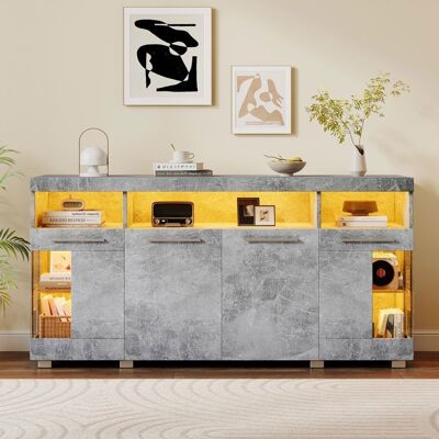 MERAX Meuble Rangement - Gris Ciment - avec 4 Portes dont 2 en Verre Trempé - Buffet de Salon - Éclairage LED - 140 x 40 x 70 cm Gris - Publicité MERAX Meuble Rangement - Gris Ciment - avec 4 Portes dont 2 en Verre Trempé - Buffet de Salon - Éclairage LED - 140 x 40 x 70 cm Gris - Publicité