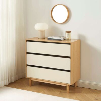 BAÏTA Commode THALIA 3 tiroirs beige et effet chêne 90cm Beige - Publicité BAÏTA Commode THALIA 3 tiroirs beige et effet chêne 90cm Beige - Publicité