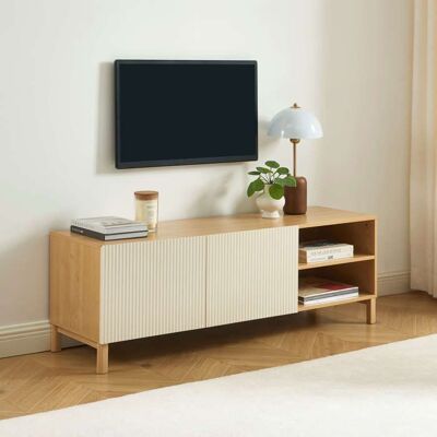 BAÏTA Meuble TV ORCA effet chêne et portes beiges 140 cm - Publicité BAÏTA Meuble TV ORCA effet chêne et portes beiges 140 cm - Publicité
