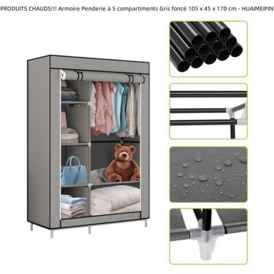 Armoire Penderie en Tissu à 5 compartiments Gris foncé avec barre de suspension 105 x 45 x 170 cm - QUIIENCLEE Gris - Publicité Armoire Penderie en Tissu à 5 compartiments Gris foncé avec barre de suspension 105 x 45 x 170 cm - QUIIENCLEE Gris - Publicité