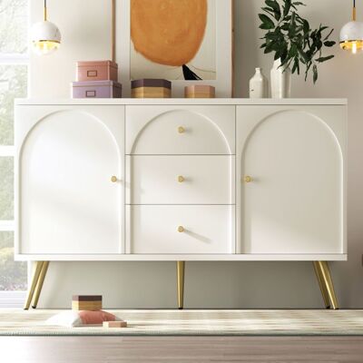 MERAX Buffet blanc crème avec portes en arche 3 tiroirs étagère réglable pieds dorés meuble de rangement 140×40×84 cm Blanc - Publicité MERAX Buffet blanc crème avec portes en arche 3 tiroirs étagère réglable pieds dorés meuble de rangement 140×40×84 cm Blanc - Publicité