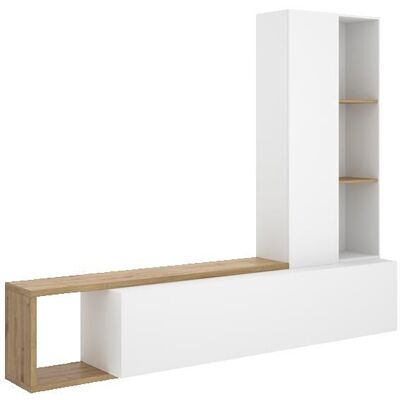 PEGANE Meuble TV avec colonne de rangement de 3 étagères ouvertes et caisson horizontal modulable coloris blanc/chêne sonoma Blanc - Publicité PEGANE Meuble TV avec colonne de rangement de 3 étagères ouvertes et caisson horizontal modulable coloris blanc/chêne sonoma Blanc - Publicité