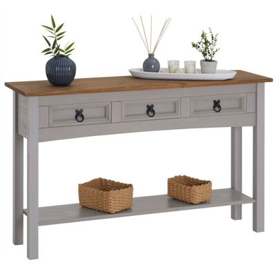 Idimex Table console RAMON table dappoint rectangulaire en pin massif gris et brun avec 3 tiroirs meuble dentrée style mexicain en bois Gris - Publicité Idimex Table console RAMON table dappoint rectangulaire en pin massif gris et brun avec 3 tiroirs meuble dentrée style mexicain en bois Gris - Publicité