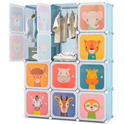 Armoire Modulable Enfants - DREAMADE - 12 Cubes - 2 Portes et Poteau de Suspension - Étagères Motif Animaux 109x35x145CM - Bleu Bleu - Publicité Armoire Modulable Enfants - DREAMADE - 12 Cubes - 2 Portes et Poteau de Suspension - Étagères Motif Animaux 109x35x145CM - Bleu Bleu - Publicité