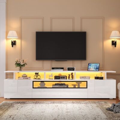 LEMLIT Meuble TV LED blanc brillant 180x38x45cm pour TV 75 pouces meuble bas salon avec 2 portes 1 tiroir et rangements ouverts Blanc - Publicité LEMLIT Meuble TV LED blanc brillant 180x38x45cm pour TV 75 pouces meuble bas salon avec 2 portes 1 tiroir et rangements ouverts Blanc - Publicité