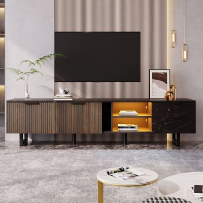 MERAX Meuble TV Bas 200 cm Bois et Noir Effet Marbre avec LED 2 Tiroirs et 2 Portes 200 x 38 x 50 cm Noir - Publicité MERAX Meuble TV Bas 200 cm Bois et Noir Effet Marbre avec LED 2 Tiroirs et 2 Portes 200 x 38 x 50 cm Noir - Publicité
