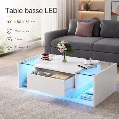 Generic Table basse salon 100x50x31cm avec 1 tiroir et bande lumineuse LED Table de salon en verre trempé Table de canapé brillante Blanc Blanc - Publicité Generic Table basse salon 100x50x31cm avec 1 tiroir et bande lumineuse LED Table de salon en verre trempé Table de canapé brillante Blanc Blanc - Publicité