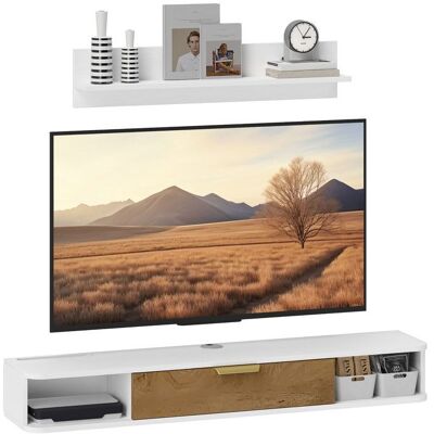 Ensemble meuble TV suspendu avec étagère murale - HOMCOM - porte rabattable et passe-câbles - 120 x 24 x 16 cm - blanc Blanc - Publicité Ensemble meuble TV suspendu avec étagère murale - HOMCOM - porte rabattable et passe-câbles - 120 x 24 x 16 cm - blanc Blanc - Publicité