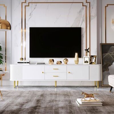 Lemonbest Meuble TV 170 cm Moderne avec tiroirs et côtés ondulés Bords incurvés Meuble tv bas avec poignées et Pieds dorés - Blanc Blanc - Publicité Lemonbest Meuble TV 170 cm Moderne avec tiroirs et côtés ondulés Bords incurvés Meuble tv bas avec poignées et Pieds dorés - Blanc Blanc - Publicité