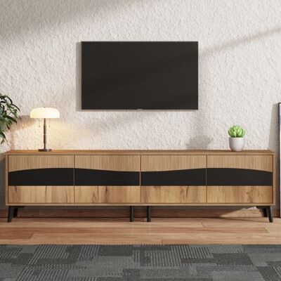 Meuble TV - LEMONBEST - Meuble TV de salon moderne - 180x40x50 cm - 4 portes - Bois & noir Marron - Publicité Meuble TV - LEMONBEST - Meuble TV de salon moderne - 180x40x50 cm - 4 portes - Bois & noir Marron - Publicité