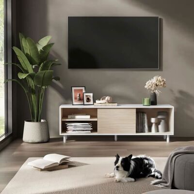 VASAGLE Meuble TV Montage Rapide Toolless Banc 140 x 39 x 45 cm Blanc Nuage et Beige Naturel Blanc - Publicité VASAGLE Meuble TV Montage Rapide Toolless Banc 140 x 39 x 45 cm Blanc Nuage et Beige Naturel Blanc - Publicité
