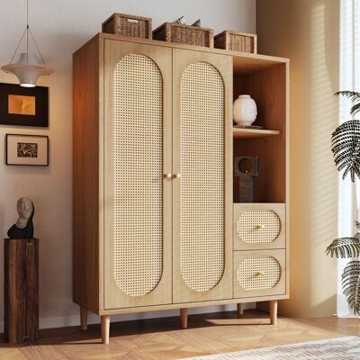 LEMLIT Armoire Penderie Rotin 120x44x161 cm avec 2 Portes 2 Tiroirs Étagères Ouvertes et Tringle - Style Campagne - Effet Chêne Marron - Publicité LEMLIT Armoire Penderie Rotin 120x44x161 cm avec 2 Portes 2 Tiroirs Étagères Ouvertes et Tringle - Style Campagne - Effet Chêne Marron - Publicité
