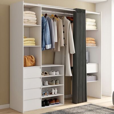 IDMARKET Dressing extensible double XXL MERYL 120/180 cm blanc avec tiroirs + étagères + penderie + rideau gris Blanc - Publicité IDMARKET Dressing extensible double XXL MERYL 120/180 cm blanc avec tiroirs + étagères + penderie + rideau gris Blanc - Publicité