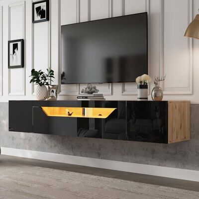 Lemonbest Meuble TV haute brillance avec lumière LED et 3 étagères de rangement Montage mural 180 x 37 x 36 cm Noir et aspect bois Noir - Publicité Lemonbest Meuble TV haute brillance avec lumière LED et 3 étagères de rangement Montage mural 180 x 37 x 36 cm Noir et aspect bois Noir - Publicité