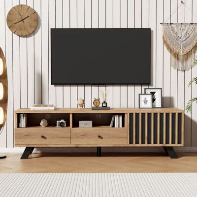 Meuble TV - LEMONBEST - Meuble TV moderne 150 cm - 2 tiroirs - 1 porte & 2 compartiments - Bois naturel/Noir Marron - Publicité Meuble TV - LEMONBEST - Meuble TV moderne 150 cm - 2 tiroirs - 1 porte & 2 compartiments - Bois naturel/Noir Marron - Publicité