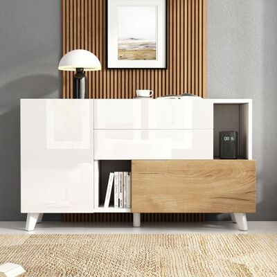 MERAX Buffet Moderne 130 x 40 x 70 cm Blanc Brillant et Effet Bois avec 2 Tiroirs 2 Portes et Rangements Blanc - Publicité MERAX Buffet Moderne 130 x 40 x 70 cm Blanc Brillant et Effet Bois avec 2 Tiroirs 2 Portes et Rangements Blanc - Publicité