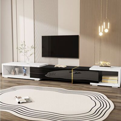 KOVIEA Meuble TV extensible noir & marbre blanc L 140-260 x P 40 x H 30 cm pivotant grand rangement montage nécessaire Noir - Publicité KOVIEA Meuble TV extensible noir & marbre blanc L 140-260 x P 40 x H 30 cm pivotant grand rangement montage nécessaire Noir - Publicité