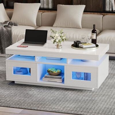 LEMONBEST Table basse brillante LED 100 × 50 × 43 cm Avec prise Interface USB-Type-C Porte armoire rebond Grand rangement Blanc Blanc - Publicité LEMONBEST Table basse brillante LED 100 × 50 × 43 cm Avec prise Interface USB-Type-C Porte armoire rebond Grand rangement Blanc Blanc - Publicité