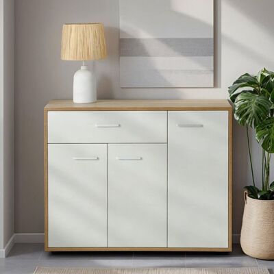 Idimex Buffet salle à manger CORALINE L 88 cm en bois massif blanc et chêne sonoma avec 1 tiroir et 3 portes Beige - Publicité Idimex Buffet salle à manger CORALINE L 88 cm en bois massif blanc et chêne sonoma avec 1 tiroir et 3 portes Beige - Publicité