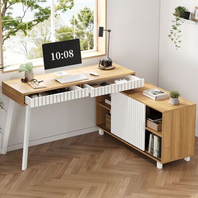 MERAX Bureau d’Angle avec Rangement 140 x 120 cm Bureau Informatique avec 2 Tiroirs et Placard Bois Naturel et Blanc Blanc - Publicité MERAX Bureau d’Angle avec Rangement 140 x 120 cm Bureau Informatique avec 2 Tiroirs et Placard Bois Naturel et Blanc Blanc - Publicité