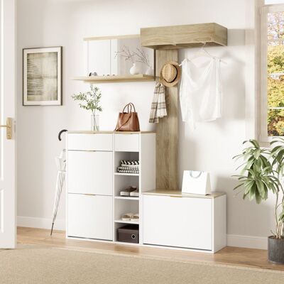 MERAX Ensemble Meuble d’Entrée - 4 Pièces - avec Meuble à Chaussures Banc Porte-Manteau Mural et Miroir Blanc et Bois 130x30x174 cm Blanc - Publicité MERAX Ensemble Meuble d’Entrée - 4 Pièces - avec Meuble à Chaussures Banc Porte-Manteau Mural et Miroir Blanc et Bois 130x30x174 cm Blanc - Publicité
