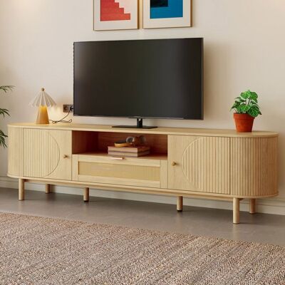 Meuble TV - OEM - Meuble TV contemporain - Tiroir en rotin - Portes semi-circulaires - Pieds métal effet bois Jaune - Publicité Meuble TV - OEM - Meuble TV contemporain - Tiroir en rotin - Portes semi-circulaires - Pieds métal effet bois Jaune - Publicité
