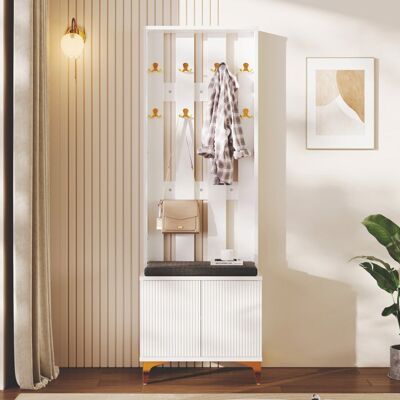 MERAX Porte Manteau d’entrée avec Banc à Chaussures et Coussin Meuble Vestiaire d’entrée avec Crochets et Étagères Réglables Blanc Blanc - Publicité MERAX Porte Manteau d’entrée avec Banc à Chaussures et Coussin Meuble Vestiaire d’entrée avec Crochets et Étagères Réglables Blanc Blanc - Publicité