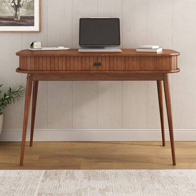 Idimex Bureau JARI en bois massif 113 x 75 cm façade cannelée rangement avec porte coullisante coloris châtaignier Marron - Publicité Idimex Bureau JARI en bois massif 113 x 75 cm façade cannelée rangement avec porte coullisante coloris châtaignier Marron - Publicité