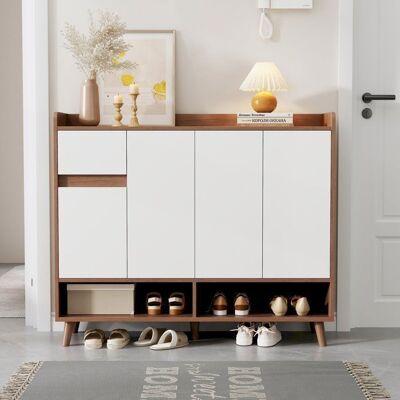 MERAX Meuble à Chaussures Moderne – avec 1 Tiroir et 4 Portes et étagères réglable Armoire pour Entrée et Salon – Blanc et naturel Marron - Publicité MERAX Meuble à Chaussures Moderne – avec 1 Tiroir et 4 Portes et étagères réglable Armoire pour Entrée et Salon – Blanc et naturel Marron - Publicité