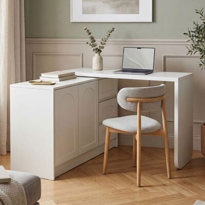 Bureau d angle rotatif 110-170x40x75 cm EVRYAE - rotation 360 et rangement 3 tiroirs placard 2 portes - Blanc Blanc - Publicité Bureau d angle rotatif 110-170x40x75 cm EVRYAE - rotation 360 et rangement 3 tiroirs placard 2 portes - Blanc Blanc - Publicité