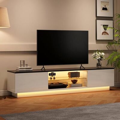 DREAMMESPACE Meuble TV - 140x32x30cm - avec LED RGB Connecté - Rangement Portes & Étagères Verre - Charge 50kg - Blanc Laqué & Noir Blanc - Publicité DREAMMESPACE Meuble TV - 140x32x30cm - avec LED RGB Connecté - Rangement Portes & Étagères Verre - Charge 50kg - Blanc Laqué & Noir Blanc - Publicité