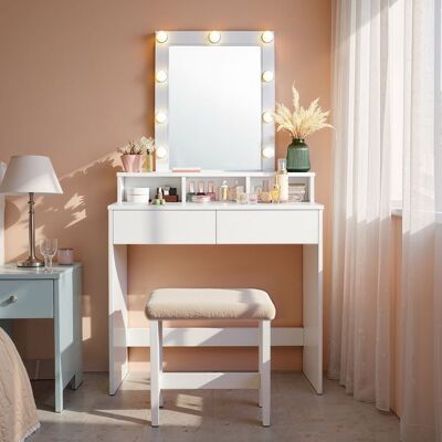 VASAGLE Coiffeuse avec Grand Miroir LED 2 Tiroirs et 3 Compartiments Coin Beauté Style Moderne Blanc Blanc - Publicité VASAGLE Coiffeuse avec Grand Miroir LED 2 Tiroirs et 3 Compartiments Coin Beauté Style Moderne Blanc Blanc - Publicité