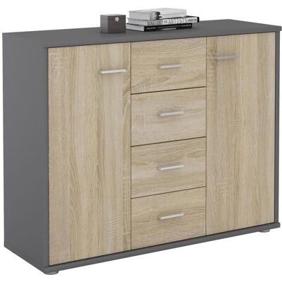 Idimex Buffet ELODIE commode meuble de rangement avec 4 tiroirs et 2 portes en mélaminé gris mat et décor chêne sonoma Gris - Publicité Idimex Buffet ELODIE commode meuble de rangement avec 4 tiroirs et 2 portes en mélaminé gris mat et décor chêne sonoma Gris - Publicité