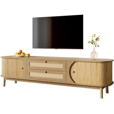 Generic Meuble TV en mélange de bois naturel avec portes et tiroirs Meuble tele avec côtés en rotin Table TV au style campagnard naturel Marron - Publicité Generic Meuble TV en mélange de bois naturel avec portes et tiroirs Meuble tele avec côtés en rotin Table TV au style campagnard naturel Marron - Publicité