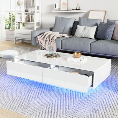Blueline Durable table basse moderne en blanc brillant 115 x 55 x 34 cm avec 2 tiroirs éclairage LED et capacité de charge de 30 kg Blanc - Publicité Blueline Durable table basse moderne en blanc brillant 115 x 55 x 34 cm avec 2 tiroirs éclairage LED et capacité de charge de 30 kg Blanc - Publicité