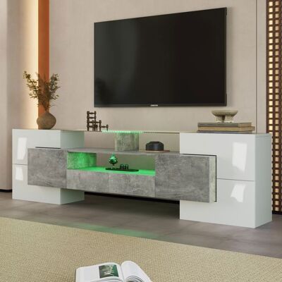 Meuble TV élégant brillant 200 cm éclairage LED meuble de salon. Design moderne. surface en verre Gris - Publicité Meuble TV élégant brillant 200 cm éclairage LED meuble de salon. Design moderne. surface en verre Gris - Publicité
