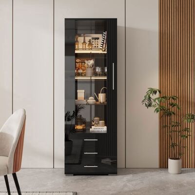 MERAX Vitrine Haute LED - Noire Brillante - avec Porte Vitrée et 3 Tiroirs - Meuble de Rangement - 60 x 35 x 180 cm pour Salon Noir - Publicité MERAX Vitrine Haute LED - Noire Brillante - avec Porte Vitrée et 3 Tiroirs - Meuble de Rangement - 60 x 35 x 180 cm pour Salon Noir - Publicité