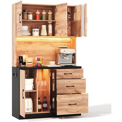 MERAX Buffet de Cuisine Haut - Noir et Bois - avec LED Prises Intégrées 3 Tiroirs Portes Vitrées et Étagères Réglables Marron - Publicité MERAX Buffet de Cuisine Haut - Noir et Bois - avec LED Prises Intégrées 3 Tiroirs Portes Vitrées et Étagères Réglables Marron - Publicité