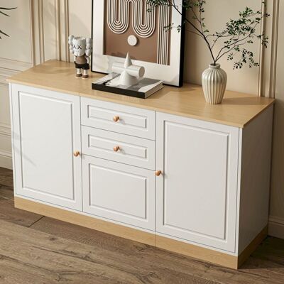 LEMLIT Buffet Bas Moderne 135.5x39x76 cm avec 2 Tiroirs 3 Portes et Poignées Dorées - pour Salon Salle à Manger - Blanc et Bois Naturel Blanc - Publicité LEMLIT Buffet Bas Moderne 135.5x39x76 cm avec 2 Tiroirs 3 Portes et Poignées Dorées - pour Salon Salle à Manger - Blanc et Bois Naturel Blanc - Publicité