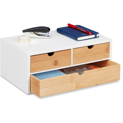 Relaxdays Boîte à tiroirs bambou et MDF mini-commode 3 compartiments HLP : 14 x 33 x 21 cm organiseur nature/blanc Blanc - Publicité Relaxdays Boîte à tiroirs bambou et MDF mini-commode 3 compartiments HLP : 14 x 33 x 21 cm organiseur nature/blanc Blanc - Publicité